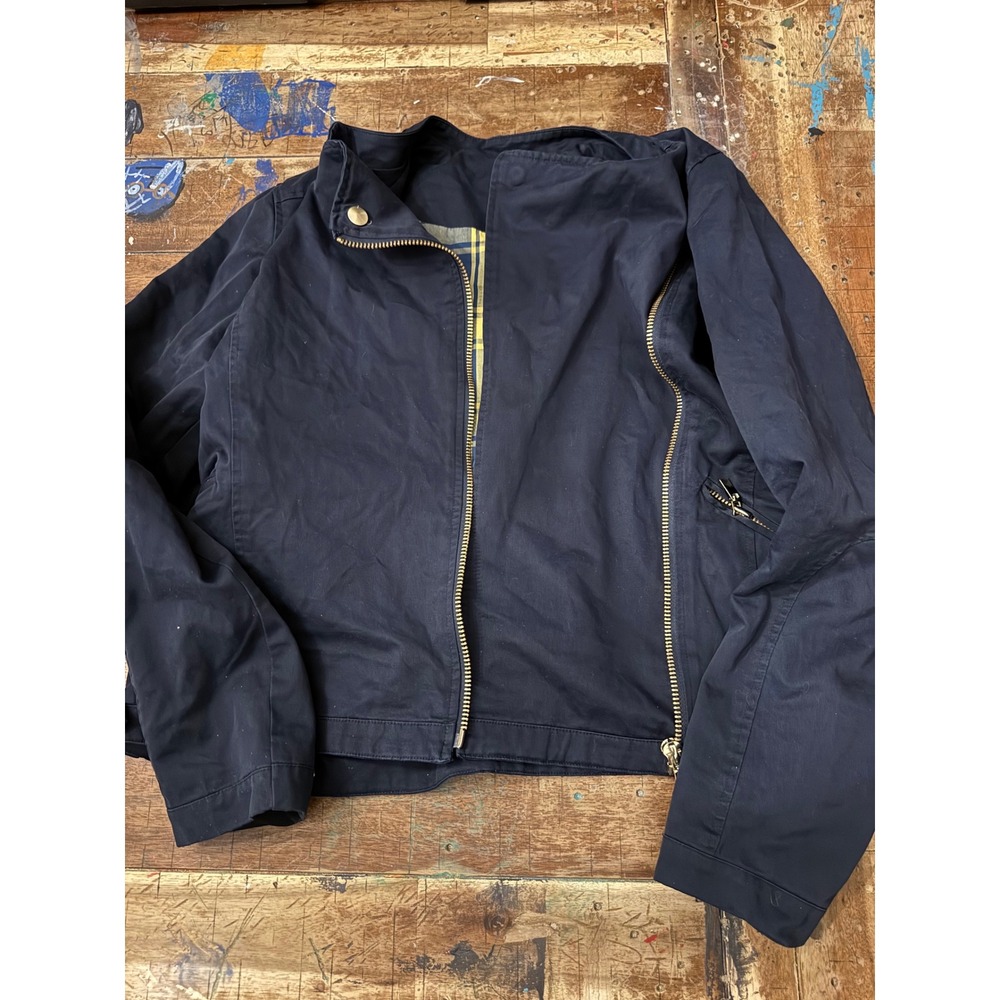 KUT from the Kloth Navy Blue Moto Jacket Gold Zip Plaid Lined XL